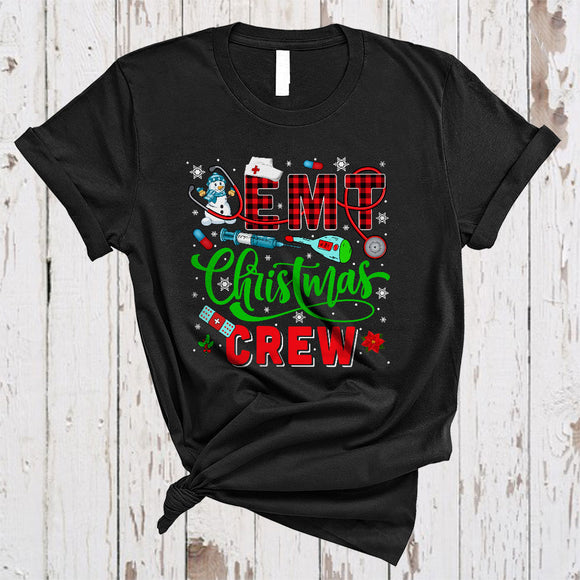 MacnyStore - EMT Christmas Crew, Joyful Plaid Santa EMT Nurse Nursing, Snow Matching X-mas Group T-Shirt