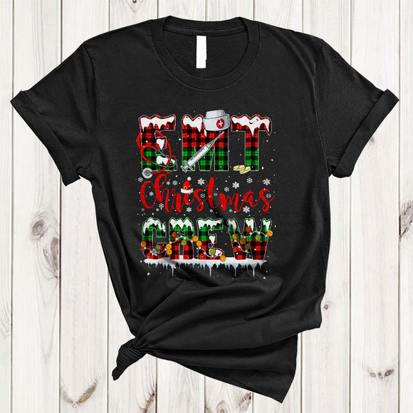 MacnyStore - EMT Christmas Crew, Wonderful Plaid X-mas Snow Around, Matching EMT Nurse Nursing Lover T-Shirt