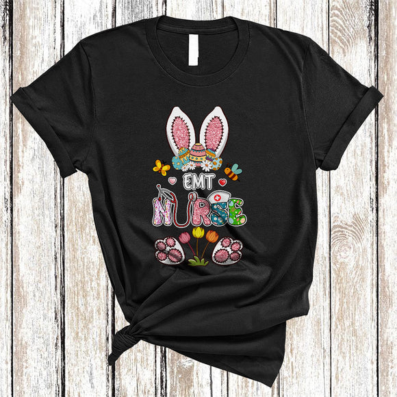 MacnyStore - EMT Nurse, Adorable Easter Day Leopard Flowers Bunny Lover, Matching Nurse Nursing Group T-Shirt