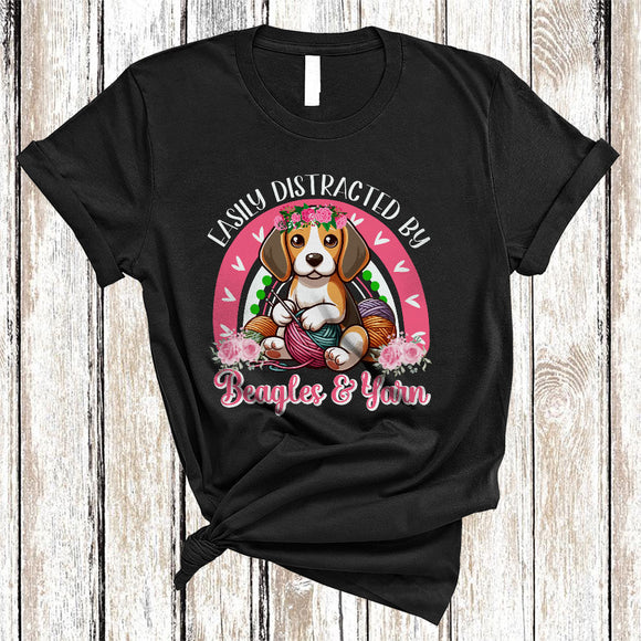 MacnyStore - Easily Distracted By Beagle And Yarn, Lovely Knitting Beagle Lover, Flowers Rainbow T-Shirt