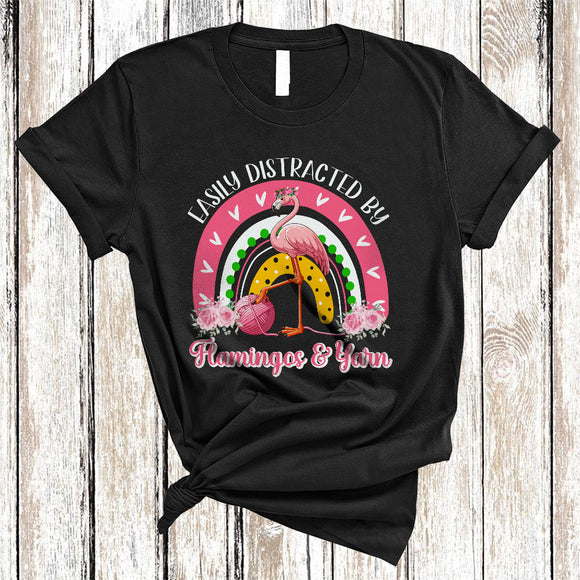 MacnyStore - Easily Distracted By Flamingo And Yarn, Lovely Knitting Flamingo Lover, Flowers Rainbow T-Shirt