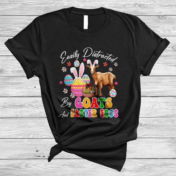 MacnyStore - Easily Distracted By Goats And Easter Eggs, Awesome Easter Bunny Goats, Egg Hunt Group T-Shirt