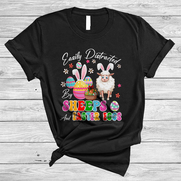 MacnyStore - Easily Distracted By Sheeps And Easter Eggs, Awesome Easter Bunny Sheep, Egg Hunt Group T-Shirt