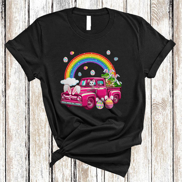 MacnyStore - Easter Alligators Couple On Pickup Truck, Awesome Easter Bunny Alligators, Wild Animal Rainbow T-Shirt