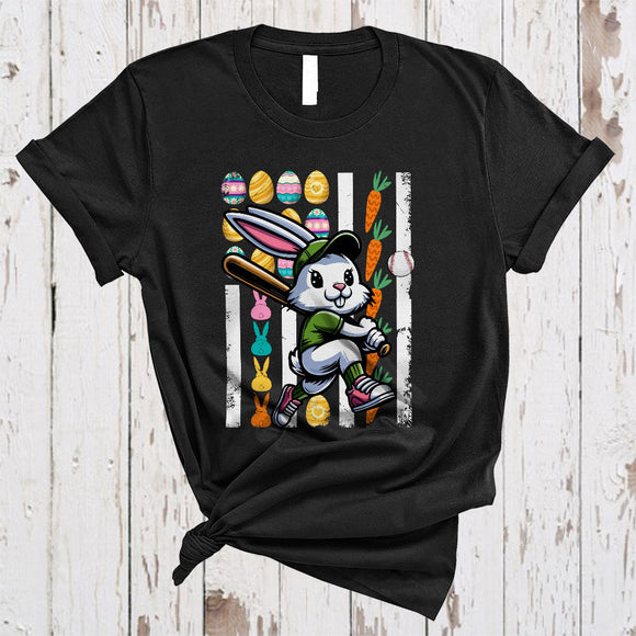 MacnyStore - Easter Bunny Playing Baseball, Amazing Easter Day US Flag Eggs Hunt, Sport Player Team T-Shirt