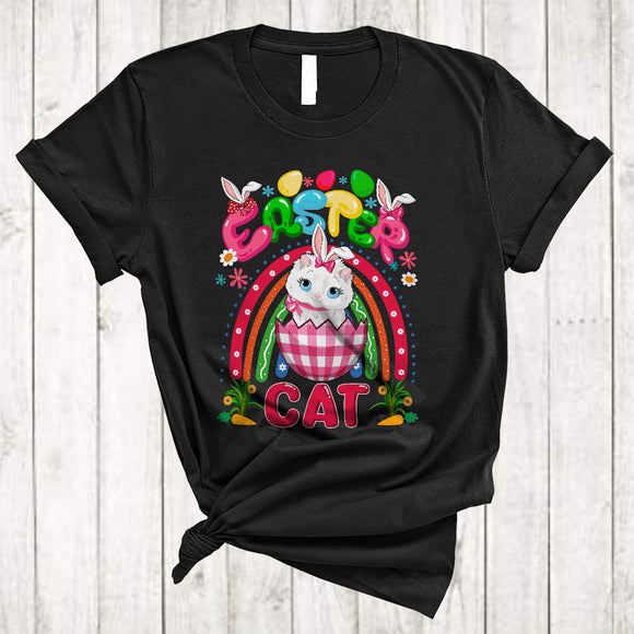 MacnyStore - Easter Cat, Wonderful Easter Bunny Cat In Plaid Egg, Egg Hunt Group Rainbow T-Shirt