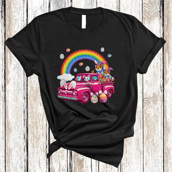 MacnyStore - Easter Cheetah Couple On Pickup Truck, Awesome Easter Bunny Cheetah, Wild Animal Rainbow T-Shirt