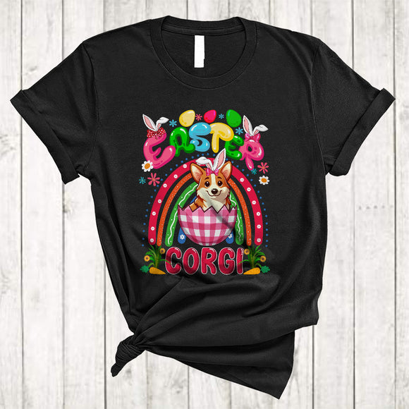 MacnyStore - Easter Corgi, Wonderful Easter Bunny Corgi In Plaid Egg, Egg Hunt Group Rainbow T-Shirt