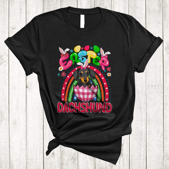 MacnyStore - Easter Dachshund, Wonderful Easter Bunny Dachshund In Plaid Egg, Egg Hunt Group Rainbow T-Shirt