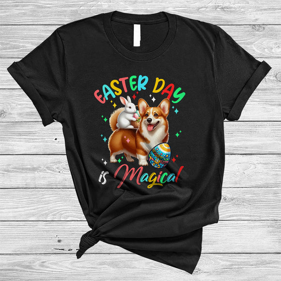 MacnyStore - Easter Day Is Magical, Awesome Easter Day Bunny Riding Corgi Lover, Family Egg Hunt Group T-Shirt
