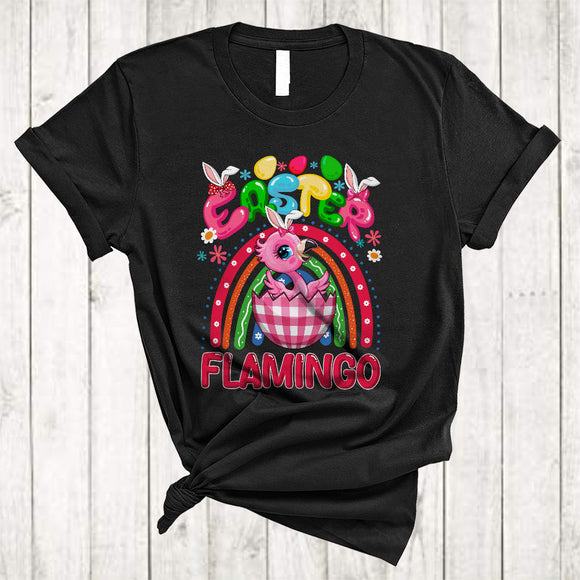 MacnyStore - Easter Flamingo, Wonderful Easter Bunny Flamingo In Plaid Egg, Egg Hunt Group Rainbow T-Shirt