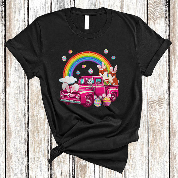 MacnyStore - Easter Fox Couple On Pickup Truck, Awesome Easter Bunny Fox, Wild Animal Rainbow T-Shirt