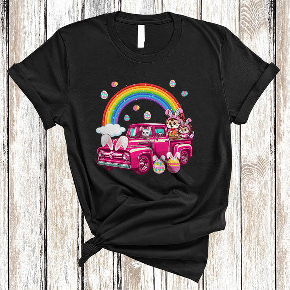 MacnyStore - Easter Hedgehogs Couple On Pickup Truck, Awesome Easter Bunny Hedgehogs, Wild Animal Rainbow T-Shirt