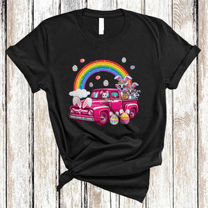 MacnyStore - Easter Lemurs Couple On Pickup Truck, Awesome Easter Bunny Lemurs, Wild Animal Rainbow T-Shirt