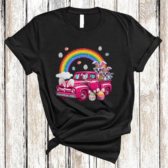 MacnyStore - Easter Lemurs Couple On Pickup Truck, Awesome Easter Bunny Lemurs, Wild Animal Rainbow T-Shirt