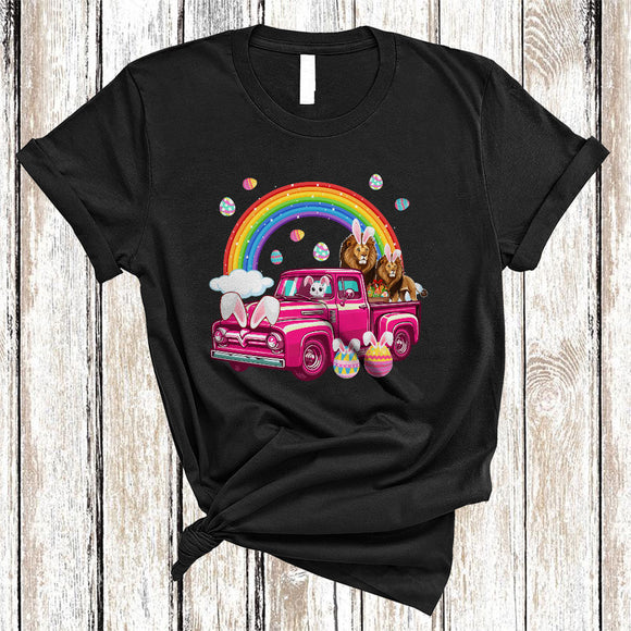 MacnyStore - Easter Lion Couple On Pickup Truck, Awesome Easter Bunny Lion, Wild Animal Rainbow T-Shirt