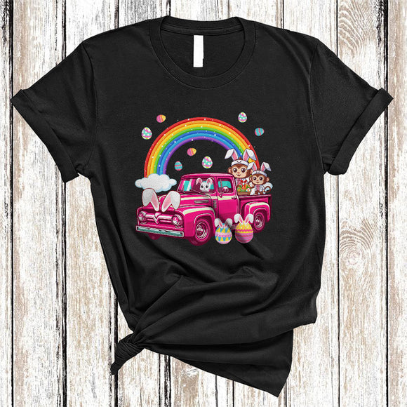 MacnyStore - Easter Monkeys Couple On Pickup Truck, Awesome Easter Bunny Monkeys, Wild Animal Rainbow T-Shirt
