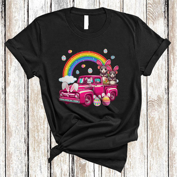MacnyStore - Easter Rat Couple On Pickup Truck, Awesome Easter Bunny Rat, Wild Animal Rainbow T-Shirt