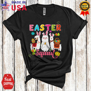 MacnyStore - Easter Squad Cute Happy Easter Day Flowers Three Bunny Llamas Hunting Easter Egg Group T-Shirt