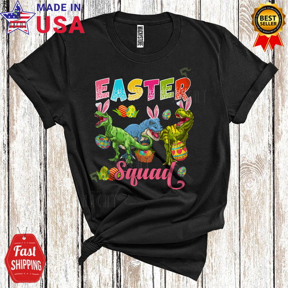 MacnyStore - Easter Squad Cute Happy Easter Day Flowers Three Bunny T-Rex Dinosaur Hunting Easter Egg Group T-Shirt