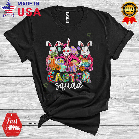 MacnyStore - Easter Squad Funny Happy Easter Day Flowers Three Bunnies Hunting Eggs Group T-Shirt