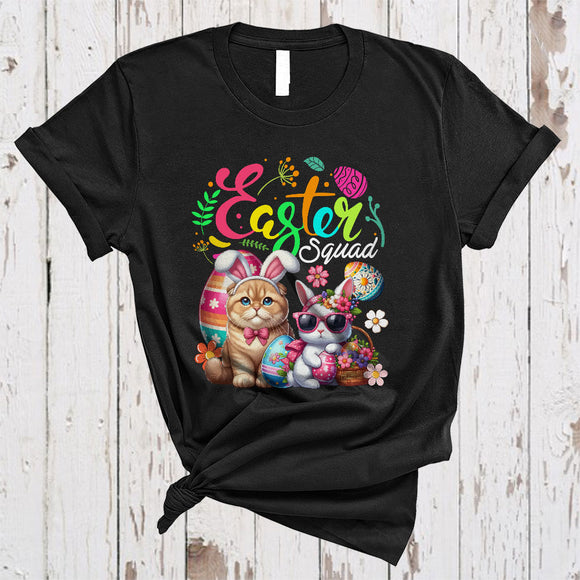 MacnyStore - Easter Squad, Colorful Bunny Sunglasses Scottish Fold Cat Flowers, Matching Egg Hunting Group T-Shirt