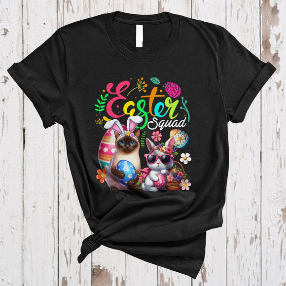 MacnyStore - Easter Squad, Colorful Bunny Sunglasses Siamese Cat Flowers, Matching Egg Hunting Group T-Shirt