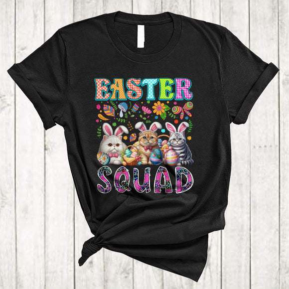 MacnyStore - Easter Squad, Colorful Easter Day Three Bunny Cats Hunting Eggs, Cat Leopard Plaid T-Shirt