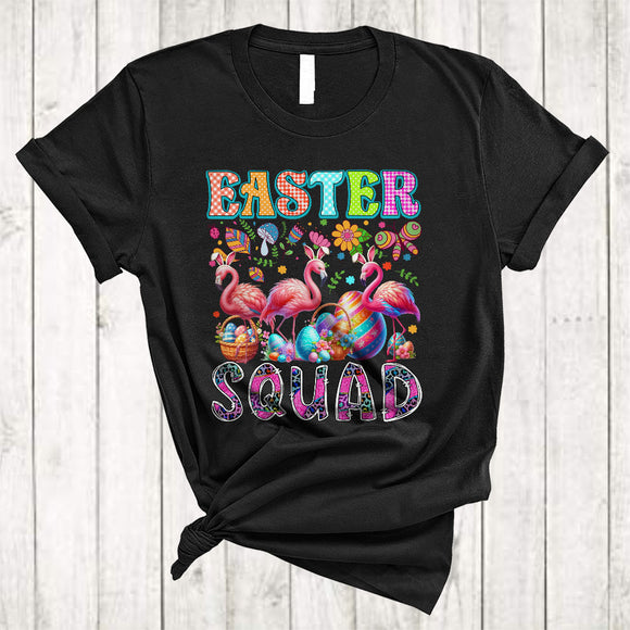 MacnyStore - Easter Squad, Colorful Easter Day Three Bunny Flamingos Hunting Eggs, Flamingo Leopard Plaid T-Shirt