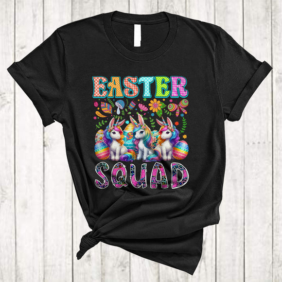 MacnyStore - Easter Squad, Colorful Easter Day Three Bunny Unicorns Hunting Eggs, Unicorn Leopard Plaid T-Shirt