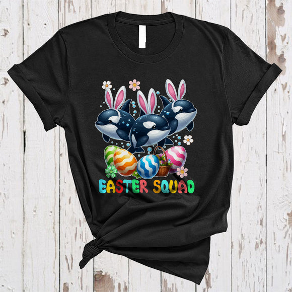 MacnyStore - Easter Squad, Lovely Easter Day Three Bunny Orcas With Easter Egg Basket, Sea Animal Lover T-Shirt