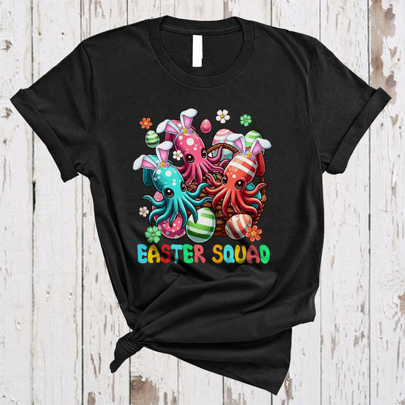 MacnyStore - Easter Squad, Lovely Easter Day Three Bunny Squids With Easter Egg Basket, Sea Animal Lover T-Shirt