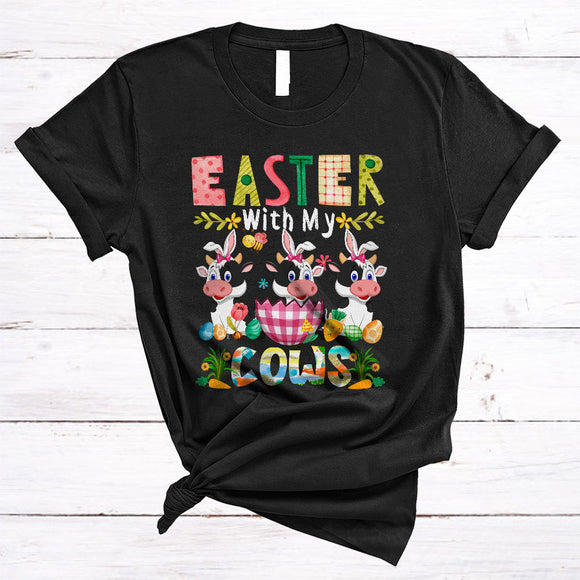 MacnyStore - Easter With My Cows, Colorful Easter Day Bunny Cow In Plaid Egg, Farmer Family Group T-Shirt