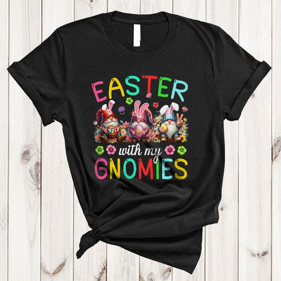 MacnyStore - Easter With My Gnomies, Adorable Easter Day Three Gnomes Bunny, Flowers Family Group T-Shirt