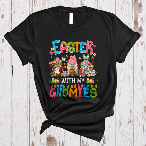 MacnyStore - Easter With My Gnomies, Lovely Three Gnomes Holding Easter Egg Carrot Chocolate, Food Lover T-Shirt