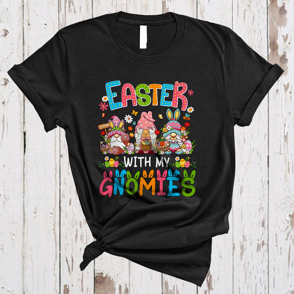 MacnyStore - Easter With My Gnomies, Lovely Three Gnomes Holding Easter Egg Carrot Ham, Food Lover T-Shirt