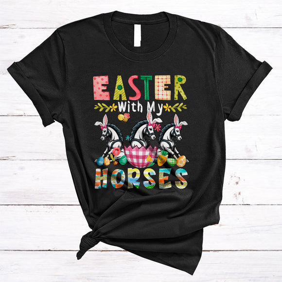 MacnyStore - Easter With My Horses, Colorful Easter Day Bunny Horse In Plaid Egg, Farmer Family Group T-Shirt