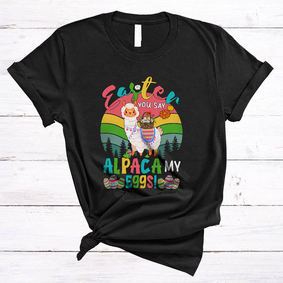MacnyStore - Easter You Say Alpaca My Eggs, Adorable Easter Retro Flowers Bunny Alpaca, Egg Hunting T-Shirt