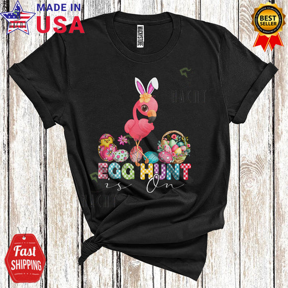MacnyStore - Egg  Hunt Is On Cute Cool Easter Day Plaid Bunny Flamingo With Easter Egg Basket Wild Animal Lover T-Shirt