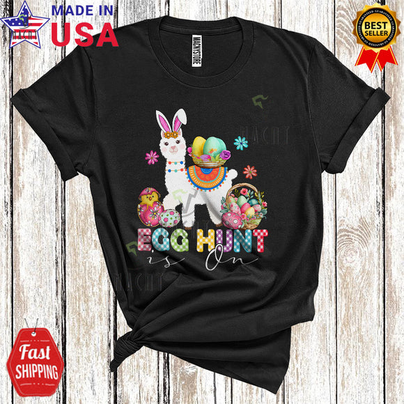 MacnyStore - Egg  Hunt Is On Cute Cool Easter Day Plaid Bunny Llama With Easter Egg Basket Animal Lover T-Shirt
