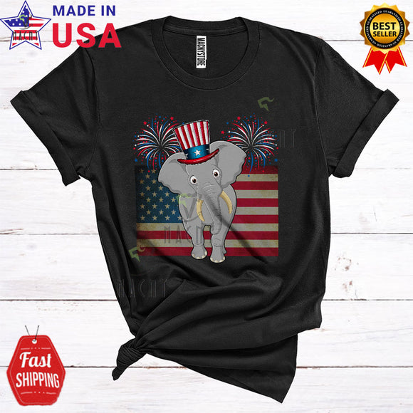 MacnyStore - Elephant With Vintage American Flag Cool Funny 4th Of July Fireworks Wild Animal Lover T-Shirt