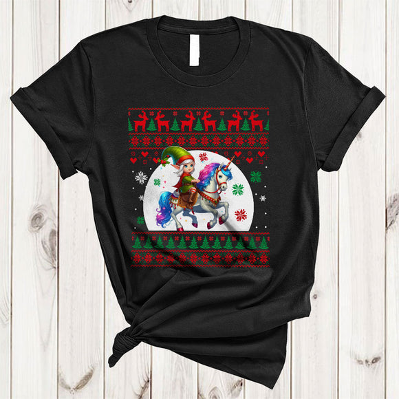 MacnyStore - Elf Riding Unicorn, Adorable Christmas Sweater Elf Unicorn Lover, X-mas Group Pajama Family T-Shirt
