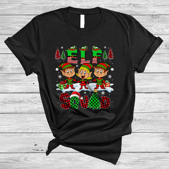 MacnyStore - Elf Squad, Lovely Plaid Christmas Three ELF, Snow Around Matching X-mas Pajama Family Group T-Shirt