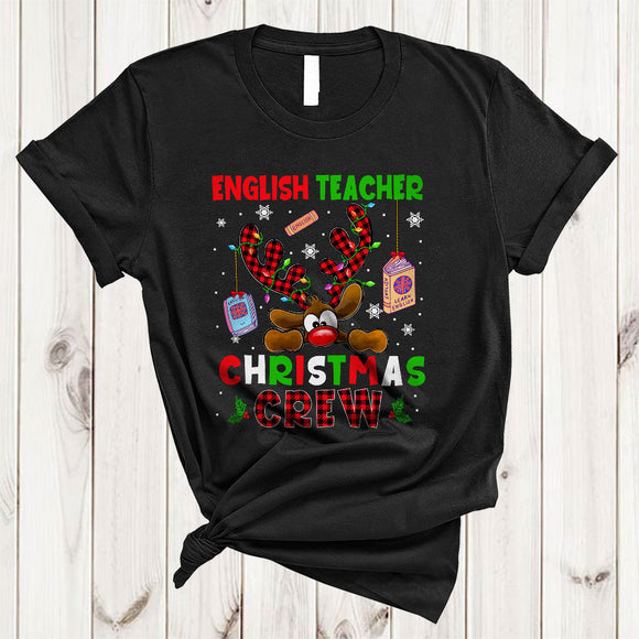 MacnyStore - English Teacher Christmas Crew, Cute Lovely Plaid Reindeer, Matching Teacher X-mas Group T-Shirt