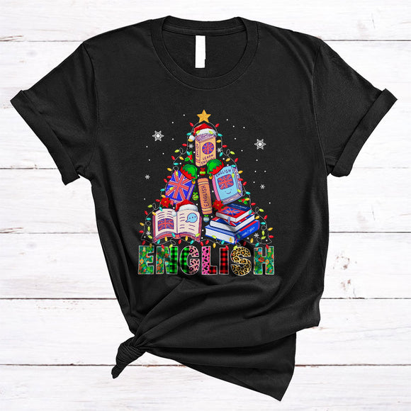 MacnyStore - English, Colorful Leopard Plaid Christmas Lights Tree, Matching English Teacher Tools Lover T-Shirt