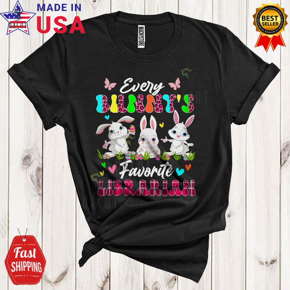 MacnyStore - Every Bunny's Favorite Librarian Cute Matching Easter Day Leopard Plaid Three Bunnies Hunting Eggs T-Shirt