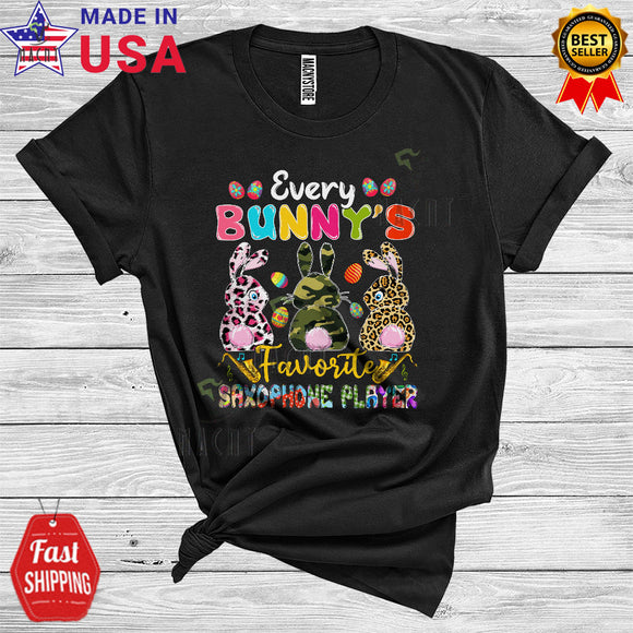 MacnyStore - Every Bunny's Favorite Saxophone Player Cute Cool Easter Plaid Three Leopard Camouflage Bunnies T-Shirt