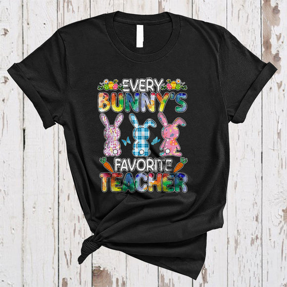 MacnyStore - Every Bunny's Favorite Teacher, Cute Three Leopard Plaid Bunnies Teacher, Matching Family Group T-Shirt