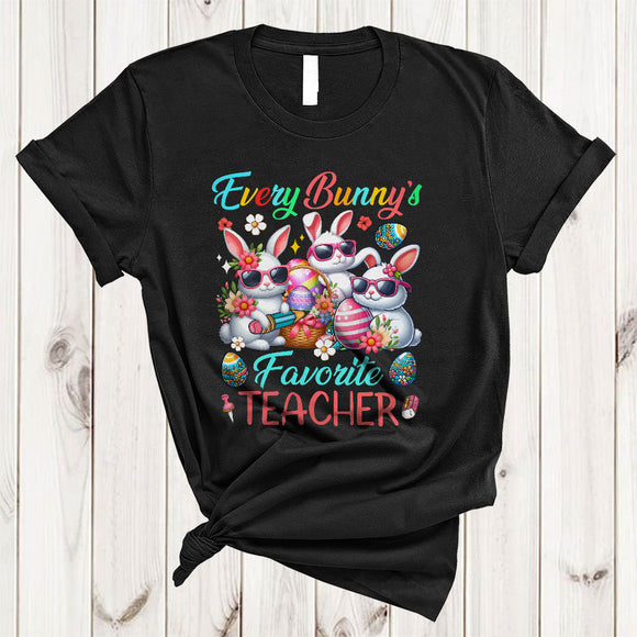MacnyStore - Every Bunny's Favorite Teacher, Lovely Easter Three Bunnies Sunglasses, Egg Hunting Group T-Shirt