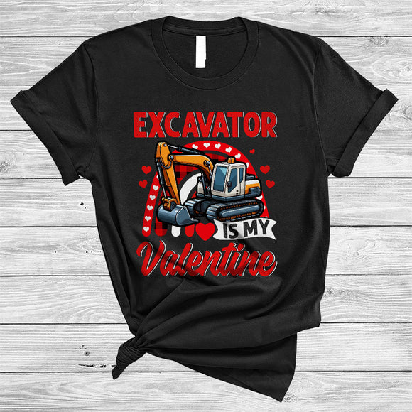 MacnyStore - Excavator Is My Valentine, Awesome Valentine's Day Excavator Lover, Hearts Plaid Rainbow T-Shirt